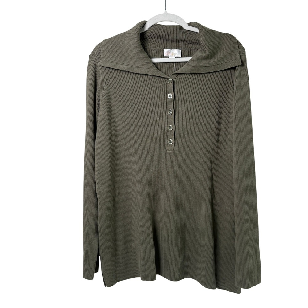 Belle by Kim Gravel Henley Sweater Size XL Olive Green Ribbed Sailor Collar NWOT